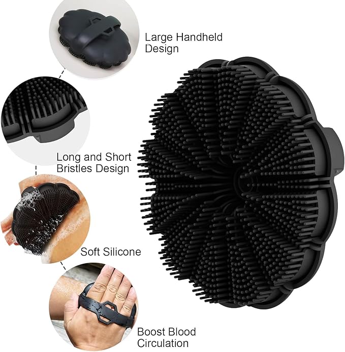 Silicone Body Scrubber Shower Brush, Exfoliating Body Wash Scrubbers for All Skin Types, Ergonomic No-Slip Handle, Body Brush for Showering (Black)