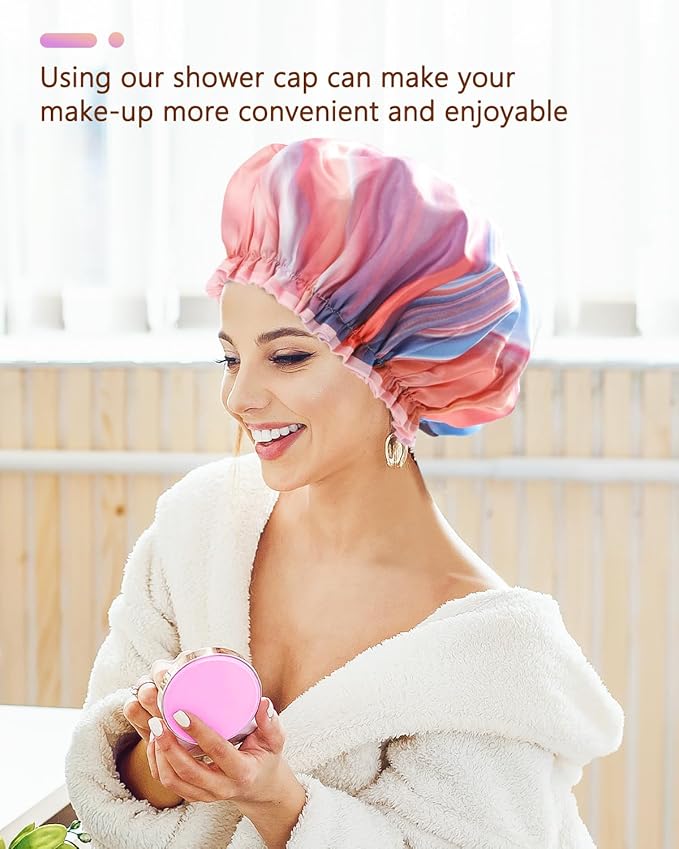 mikimini 2 Pack Waterproof Shower Caps - Reusable and Washable - Pink Fashionable Shower Caps for Women and Girls - Medium Size - Perfect for Kids