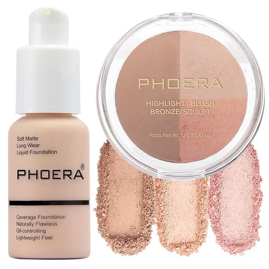 PHOERA Foundation, PHOERA Contour Palette,Shades with Highlighter & Bronzer & Blush,PHOERA Makeup Lightweight Long Lasting Wrinkles Matte Natural Finish(101+ #001 Contour/Porcelain+#001)