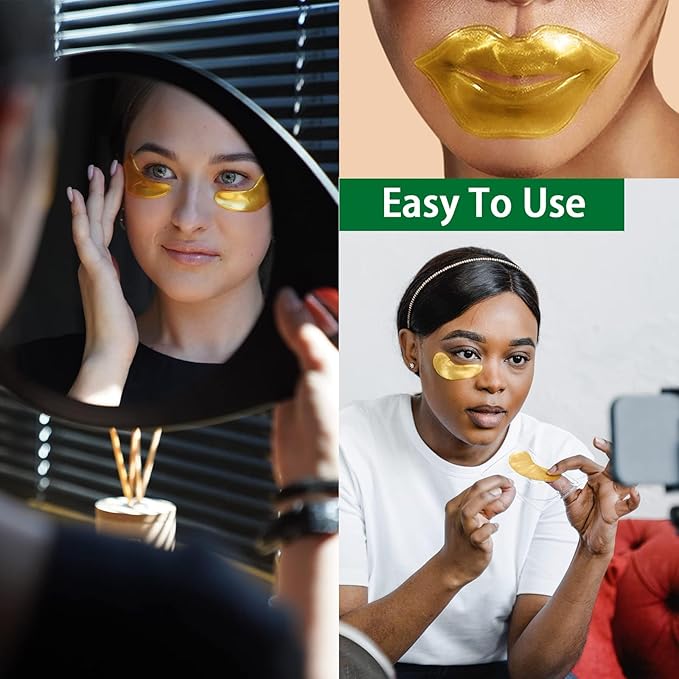24K Gold Gel Crystal Collagen Eye and Lip Mask Set, 15 Pairs Gold Eye Mask & 15 Pcs Gold Lip Mask for Moisturizing, Collagen Under Eye Mask for Dark Circles Puffiness and Wrinkles