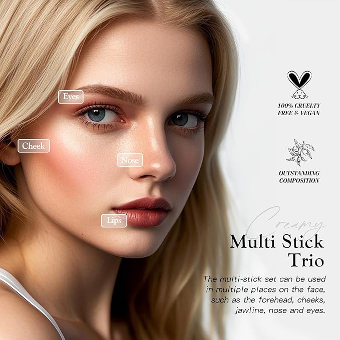 3 PCS Makeup Cream Contour Stick Set, Highlighter Stick & Bronzer Stick & Blush Stick, Long Lasting, Natural Face Contour, Dewy & Matte Finish, Multi Stick Trio for All Skin