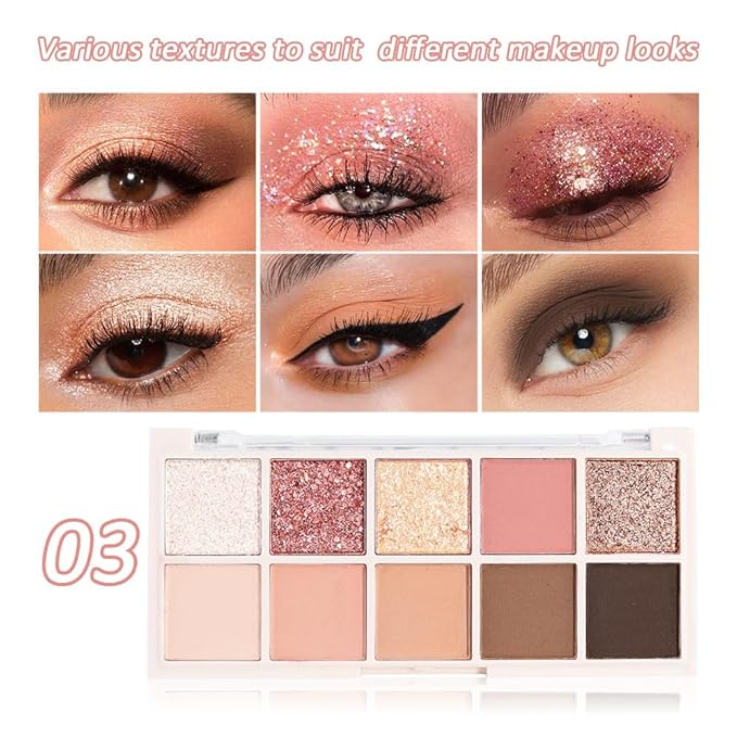 10 Colors Eyeshadow Palette,Matte&Glitter&Shimmer Eyeshadow Makeup,Naturing-Looking,High Pigment Waterproof Eye Shadow Palette Makeup, 100% Cruelty-free (10#Shimmer Nude)