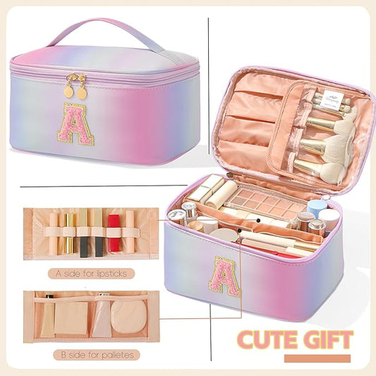 Meiyuuo Cute Makeup Bag for Girls Personalized Cosmetic Bags for Teens Monogrammed Travel Pro Pouch Toiletry Bag for Women Bridal Shower Birthday Gifts for Her Preppy Gradient Pink Initial A