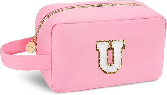 Aveniee Monogram Travel Makeup Bag for Women,Initial Cosmetic Bag Toiletry Pouch,Personalized Halloween Christmas Birthday Gifts for Women Mom Teacher Sister-Pink U