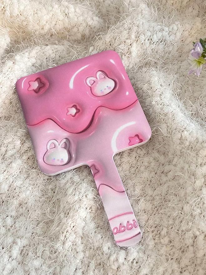 2pcs Cute Pink Rabbit Handheld Makeup Mirror Kawaii Bunny Square Glass Portable Cosmetic Mirror for Skincare Travel (2pCS)
