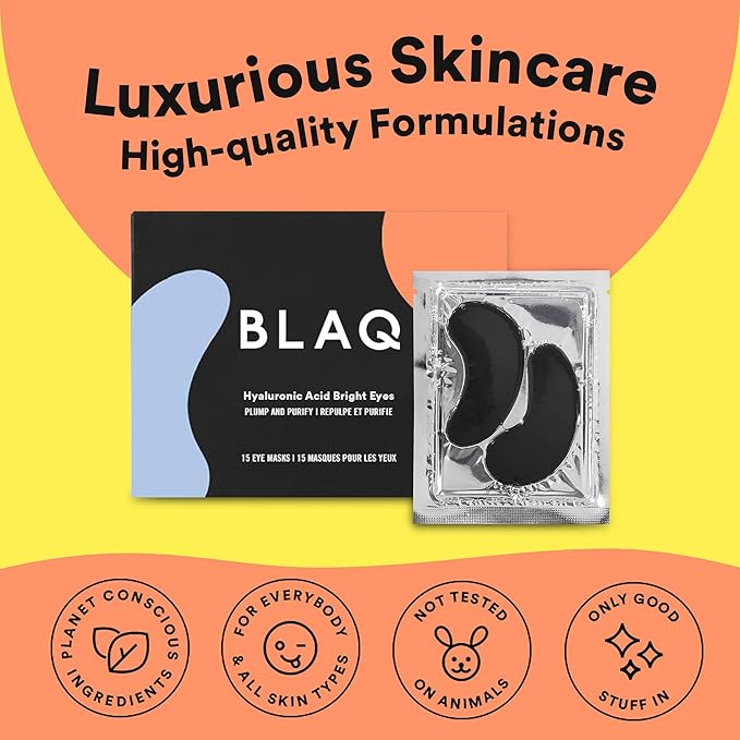 BLAQ Award Winning Under Eye Patches for Dark Circles and Puffiness, Under Eye Mask with Red Algae and Activated Charcoal, Vegan and Cruelty-Free Under Eye Masks, 15-Pack, Hyaluronic Acid Bright Eyes