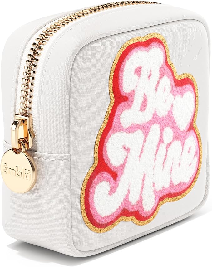 BE MINE Valentine Makeup Bag Travel Cosmetics Pouch and Toiletry Bag, Nylon Zipper Pouch Purse, Cute Make Up Organizer Storage Tote for Women Girls, Travel Skincare Case, Small Makeup Bags, White