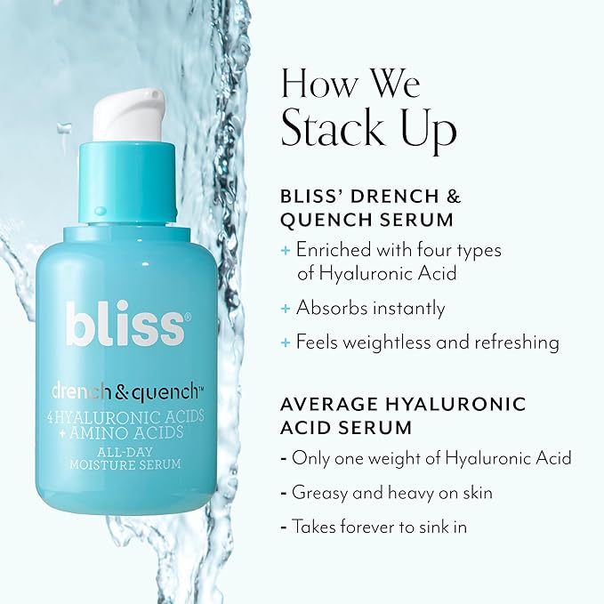 Bliss Drench & Quench Hyaluronic Acid Serum with Amino Acids | Multi-Layer Moisture & Plumping | Lightweight Water-Based Formula | For All Skin Types | Clean, Vegan, Cruelty-Free | 1 Fl Oz