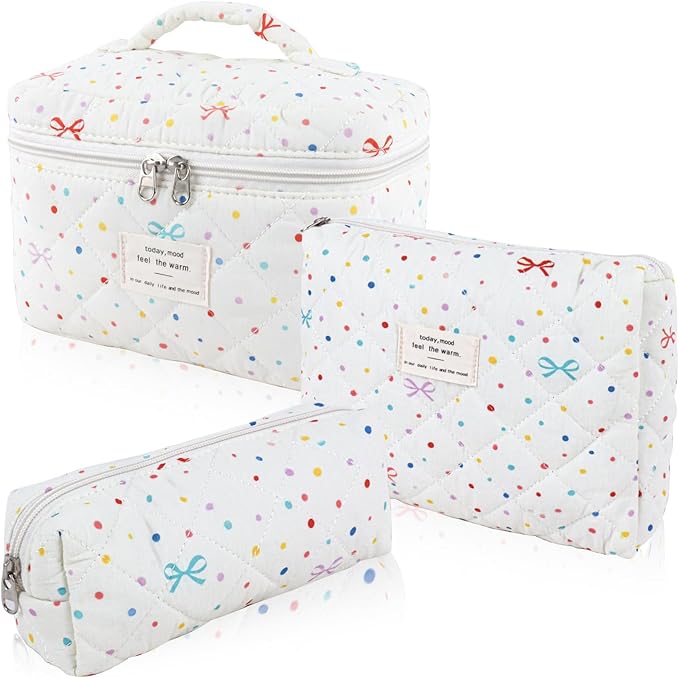 3Pcs Cotton Quilted Makeup Bag Set,Large Floral Cosmetic Bag，Aesthetic Toiletry Travel Makeup Bag Set and Cute Flower Bag for Women Girls (Apricot Colored Dot)