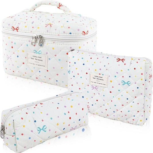 3Pcs Cotton Quilted Makeup Bag Set,Large Floral Cosmetic Bag，Aesthetic Toiletry Travel Makeup Bag Set and Cute Flower Bag for Women Girls (Apricot Colored Dot)