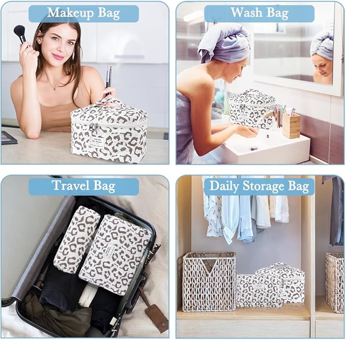 3Pcs Cotton Quilted Makeup Bag Set,Large Floral Cosmetic Bag,Aesthetic Toiletry Travel Makeup Bag Set and Cute Flower Bag for Women Girls(White Leopard Print)