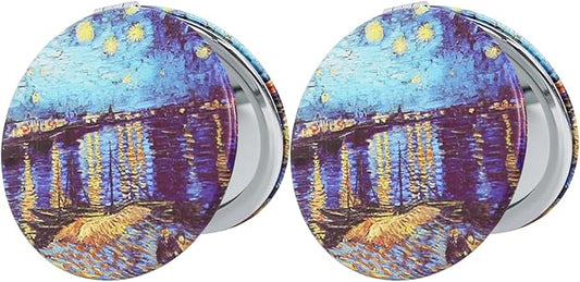Pocket Mirror, 2 Pcs Round 2.8” PU OilPainting Style Double Sided 1X/3X Purse Compact Mirrors (OilPainting02)