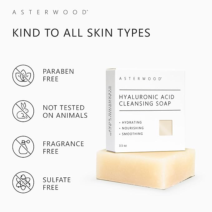 Asterwood Hyaluronic Acid Cleansing Face Soap - Collagen Boosting, Hydrating, Plumping, Soothing - Fragrance-Free - Suitable for Sensitive Skin - 3.5 Oz