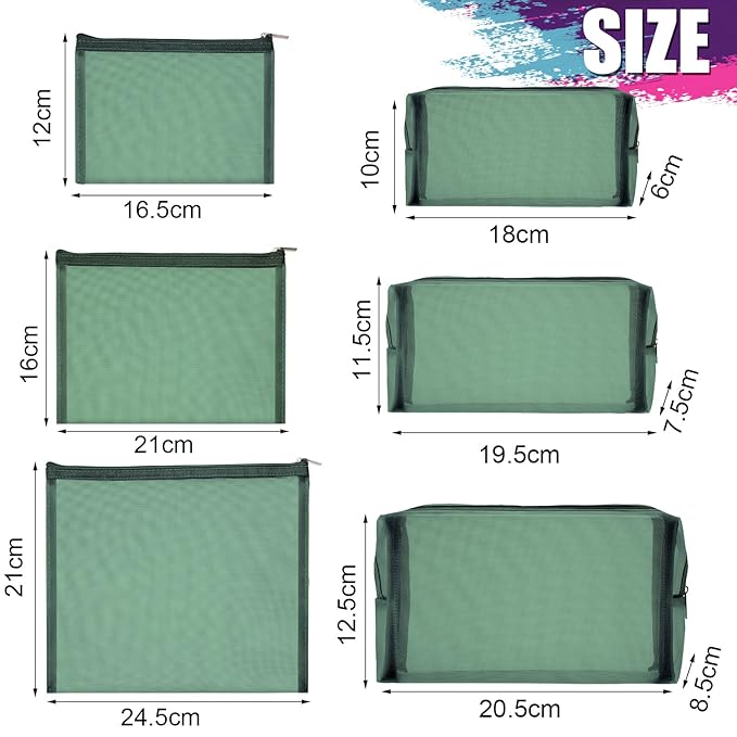 6 Pieces Mesh Makeup Bags Mesh Cosmetic Bag Portable Travel Organizing Zipper Pouch Toiletries Makeup Pouches for Home Office Travel Accessories (Green)