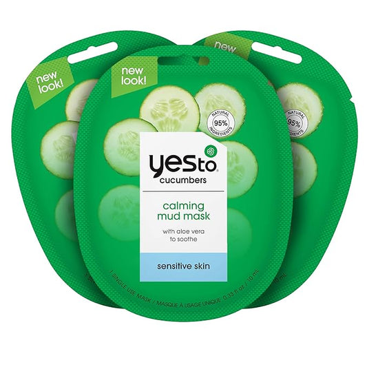 Yes To Cucumbers Calming Mud Mask with Aloe Vera for Sensitive Skin, for Men, Women and Teens, No Paraben, 3 Pack