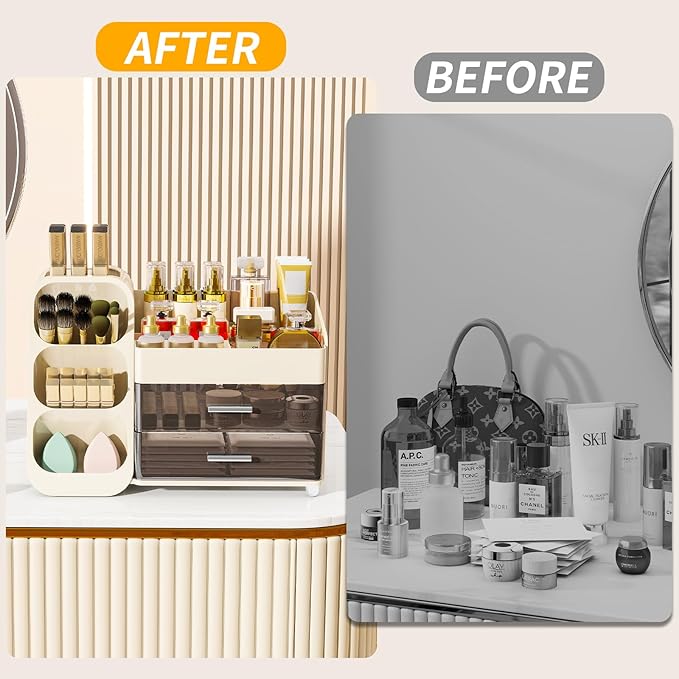 Makeup Organizer with Drawers for Vanity, Make Up Storage Kit, Spacious Cosmetic Display Case, Perfect Storage Solution for Beauty Essentials (Cream)