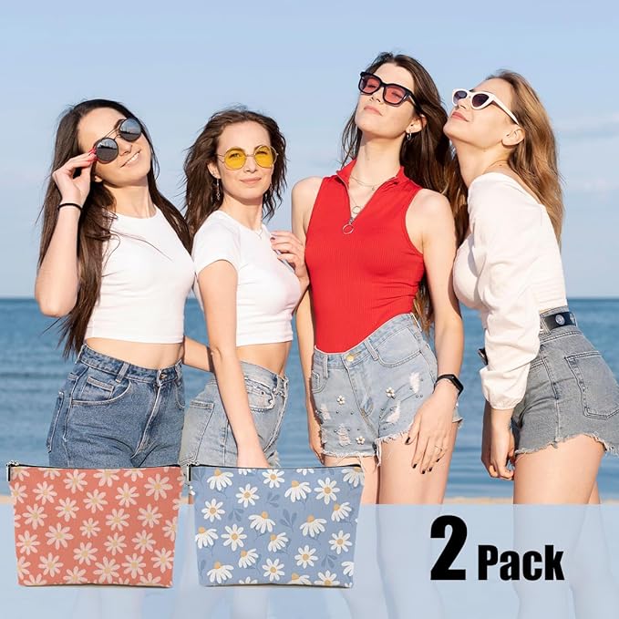 2pcs Daisy Floral Makeup Bag, Travel Essential Cosmetic Bag Garden Flower Gifts for Women Female Girls Sister BFF Nature Lover, Travel Zipper Pouch Christmas Thanksgiving Birthday Gifts