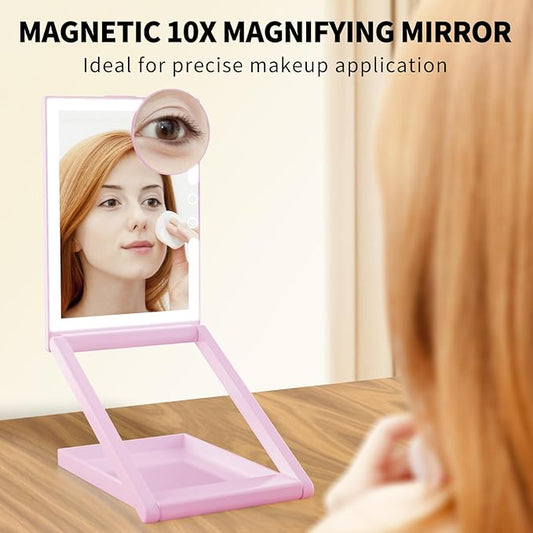 OLIBUY Travel Makeup Mirror with 10X Magnifying Mirror, Height and Angle Adjustable Folding Lighted Makeup Vanity Mirror, Rechargeable 3 Color Illumination LED Mirror, Travel Essential