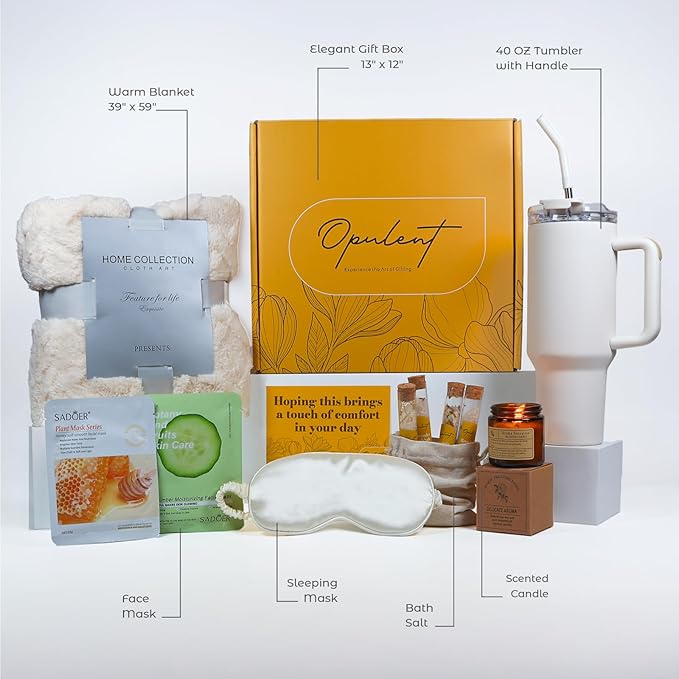 Care Package for Women - Luxury Self Care Gifts for Women | Includes Cozy Blanket, 40oz Tumbler, Candle, Bath Salts - Unique Birthday Box for Her - Get Well Soon Basket and Hug in a Box