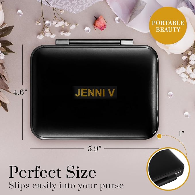 JENNI V LED Compact Mirror with Light, 5X Magnification and Power Bank Changer - Handheld Pocket Mirror - Rechargeable Travel Mirror with Light - Small Portable Makeup Mirror for Purse (Black)