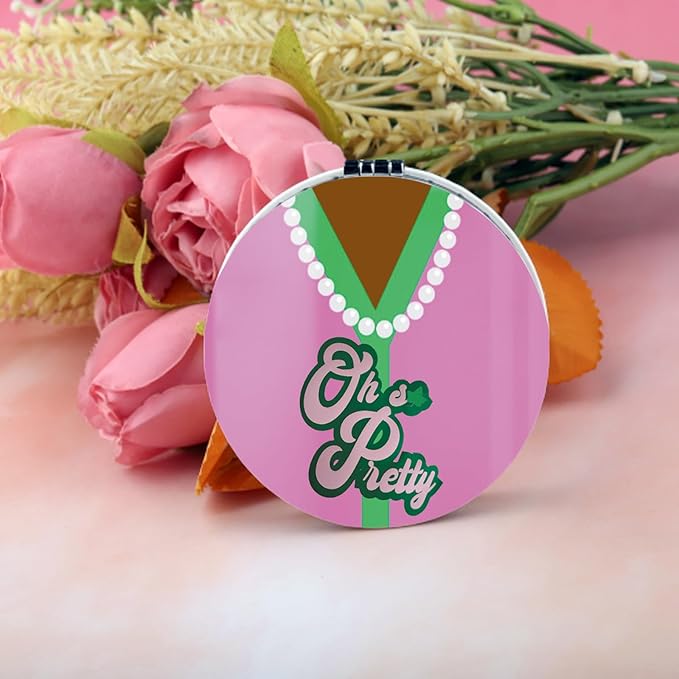 BEKECH OH Pretty Gift Pink and Green Pearl Compact Mirror Sorority Gift Greek Sorority Makeup Mirror