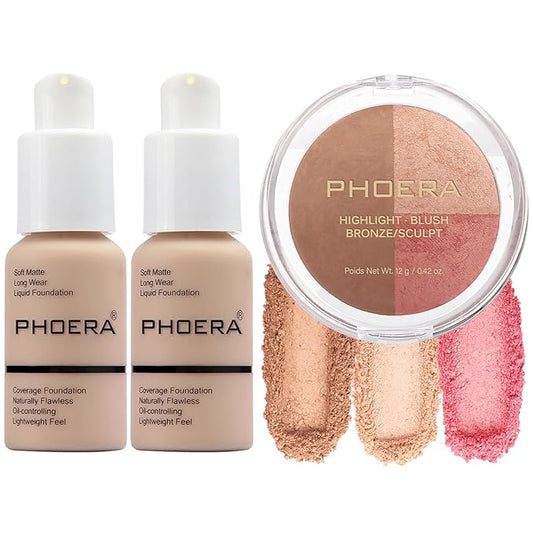 PHOERA Foundation, Contour Palette, Shades With Highlighter, Bronzer & Blush, Makeup Lightweight Long Lasting Wrinkles Matte Natural Finish (102+102+ #002 Contour/Nude+ Nude+#002)