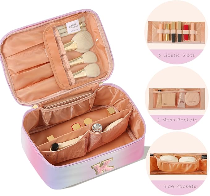 Meiyuuo Large Makeup Bag Travel Pro Cosmetic Bags Cute Chenille Letter Pouch Rainbow Pink Personalized Toiletry Organizer for Women Teen Girls Birthday Gifts for Her Preppy Rainbow Pink K