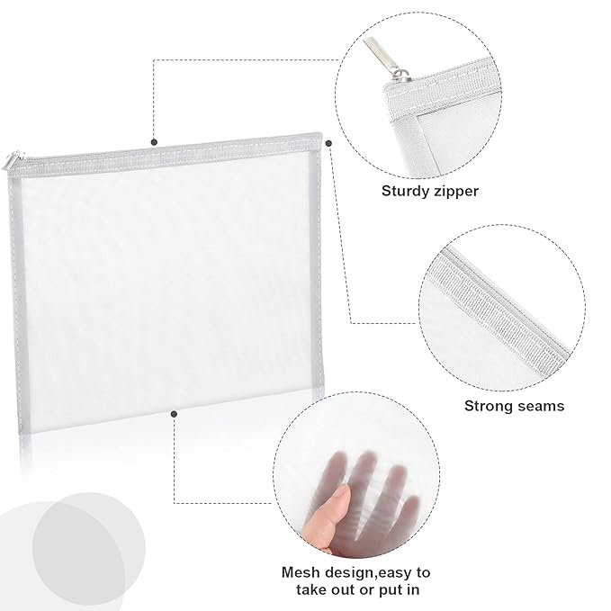 6 Pieces Mesh Makeup Bags Mesh Cosmetic Bag Portable Travel Organizing Zipper Pouch Toiletries Makeup Pouches for Home Office Travel Accessories (White)