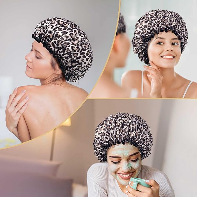 Aquior Shower Cap, Shower Cap for Women Reusable Waterproof, Large Bath Hair Cap for All Hair Lengths, Ladies, Men and Kids (Leopard)