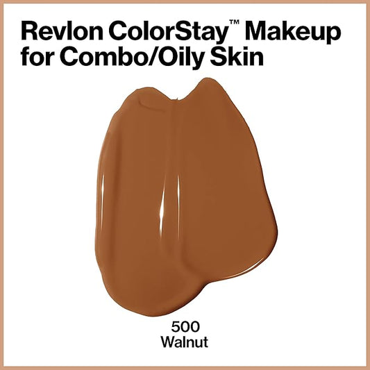 Revlon Liquid Foundation, ColorStay Face Makeup for Combination & Oily Skin, SPF 15, Medium-Full Coverage with Matte Finish, Walnut (500), 1.0 oz