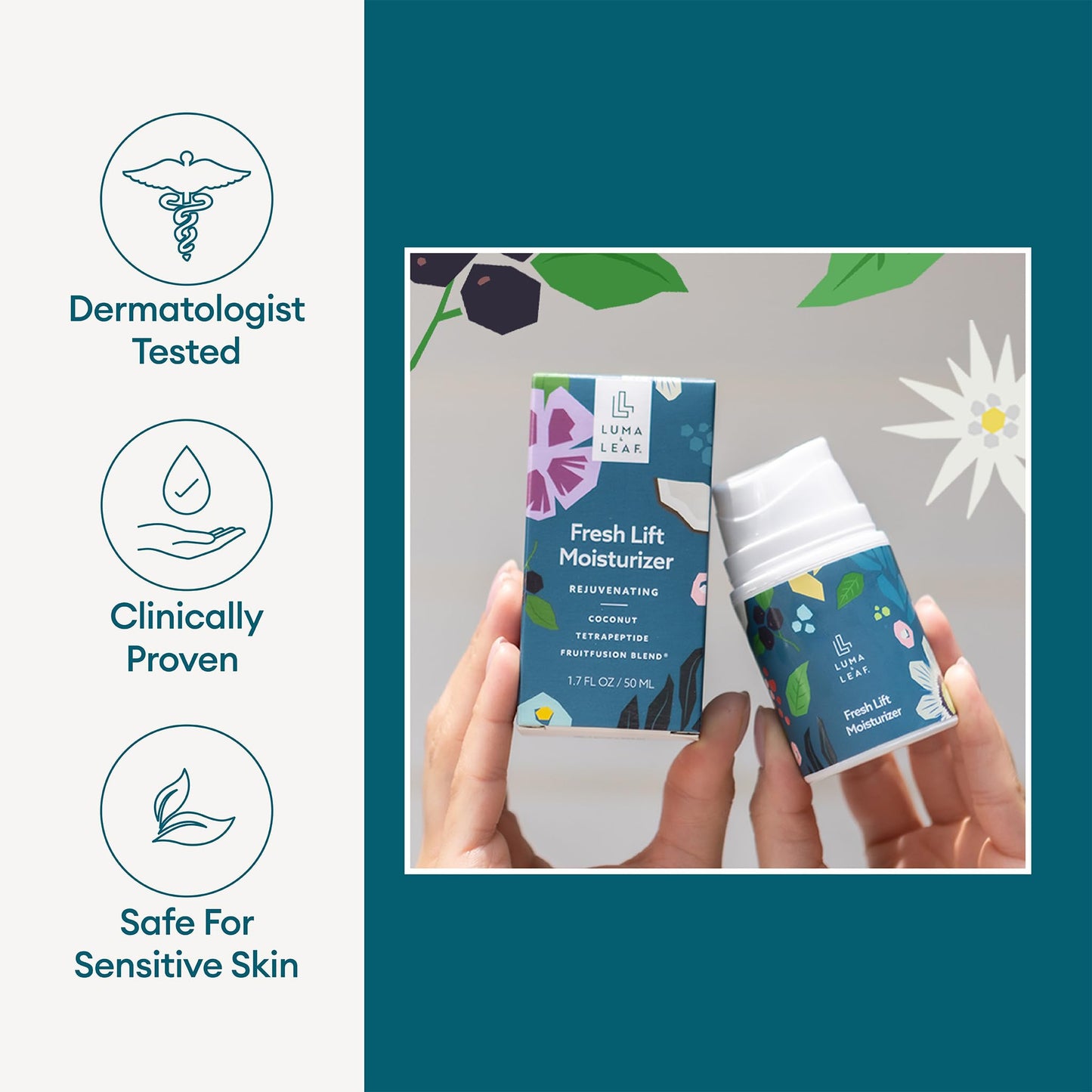 LUMA & LEAF Fresh Lift Peptide Moisturizer | Daily Anti-Aging Face Cream with Hyaluronic Acid & Hibiscus for Firming & Glow | Lightweight Facial Moisturizer for Fine Lines & Wrinkles | 1.7 fl oz