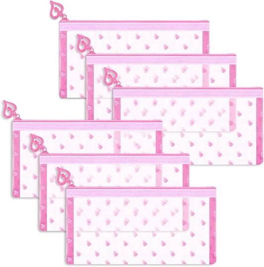 6 Pack Mini Zipper Mesh Makeup Bags, Heart Print Nylon Cosmetic Bags Toiletry Bags for Office Travel Organization (Pink, M)