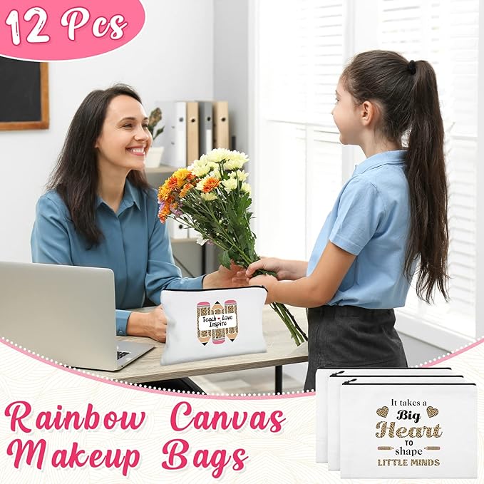 12 Pcs Teacher Gifts Makeup Bags Teacher Appreciation Travel Toiletry Canvas Cosmetic Pencil Survival Kit Bag for Women Zipper Pouch Bag Thank You Gifts Bulk (Rainbow and Pencil)