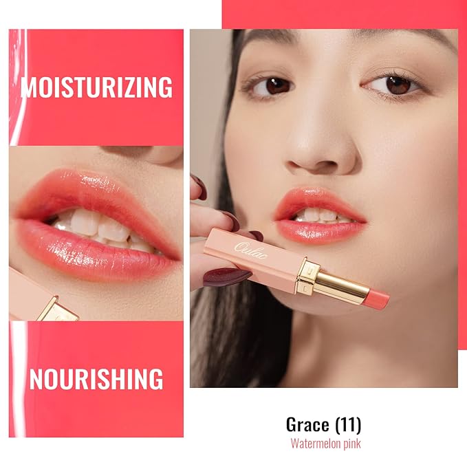 Oulac Watermelon Pink Lipstick - Moisturizing Lip Stick Glossy Tinted Lip Balm, Sheer Shine Juicy Finish, Lightweight and Hydrating Formula for Dry Lip Care, Vegan 2.2g/0.07oz (11)