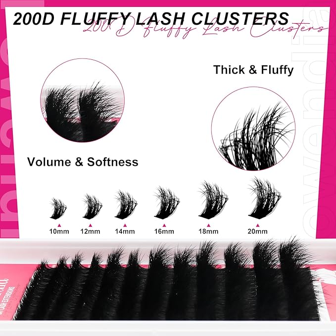 Lash Clusters Kit Fluffy 200D Individual Lashes D Curl Cluster Eyelash Extensions 10-18mm DIY Lash Extension Kit Lash Bond and Seal Waterproof, Lash Applicator, Thick False Eyelashes Kit