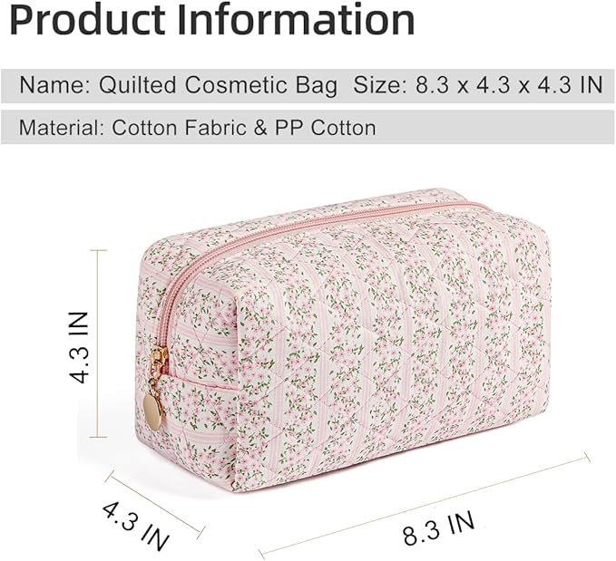 Gleyemor Small Quilted Makeup Bag for Women, Cute Floral Bow Cosmetic Bag, Emergency Bag Travel Toiletry Cotton Pouch Gifts for Girls Her Mom Friend Sister Bridesmaid (Pink Floral)