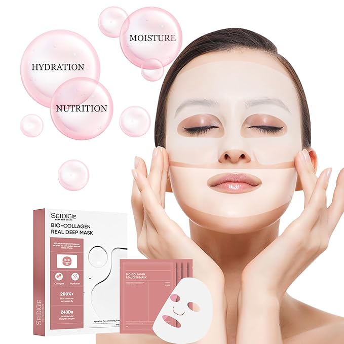 Bio-Collagen Face Mask, Deep Hydrating Overnight, Korean Skin Care, Facial Masks for Women, Pore Minimizing, Firming & Anti-Aging, Beauty Sheet Masks, 34g x 4-pack