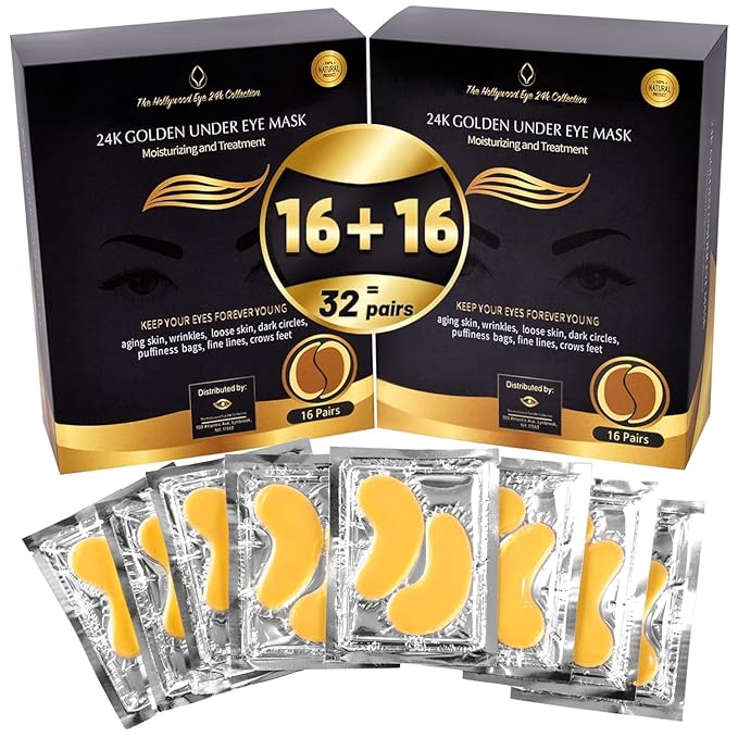 24K Gold Under Eye Patches, Eye Mask, Eye Patches for Puffy Eyes and Dark Circles, Eye Masks Skincare, Under eye patches for puffy eyes dark circles, Under eye treatment, Eye Care (32 Pairs)