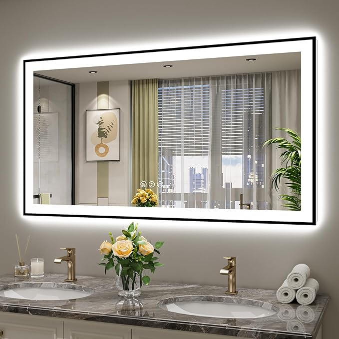 55x30 Inch LED Bathroom Mirror with Lights (Front Lit and Backlit) Black Framed Lighted Vanity Mirror for Bathroom Wall Dimmable Anti-Fog Memory Tempered Glass Horizontal/Vertical