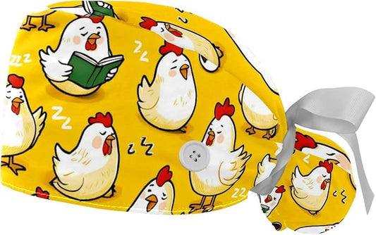 2 PCS Bouffant Cap with Button Ponytail Pouch Working Cap Sweatband Adjustable Surgical Cap Black and White Cow