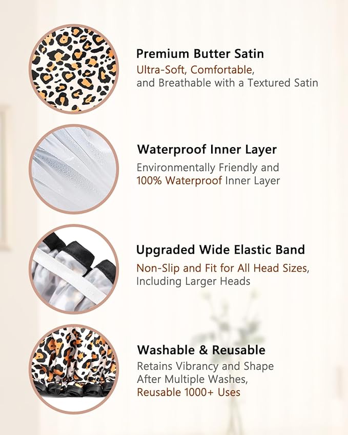 mikimini Leopard Medium Shower Caps Pack of 2,Shower Cap for Girls and Women with Black Lace,Reusable Waterproof Shower Hat for Girls