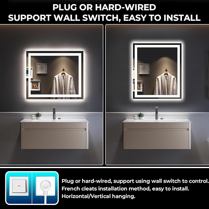 36x30 Inch LED Bathroom Mirror with Lights Front and Backlit Lighted Vanity Mirror for Bathroom Wall with 3 Colors Dimmable Anti-Fog Memory Shatter-Proof IP54 Waterproof Horizontal/Vertical