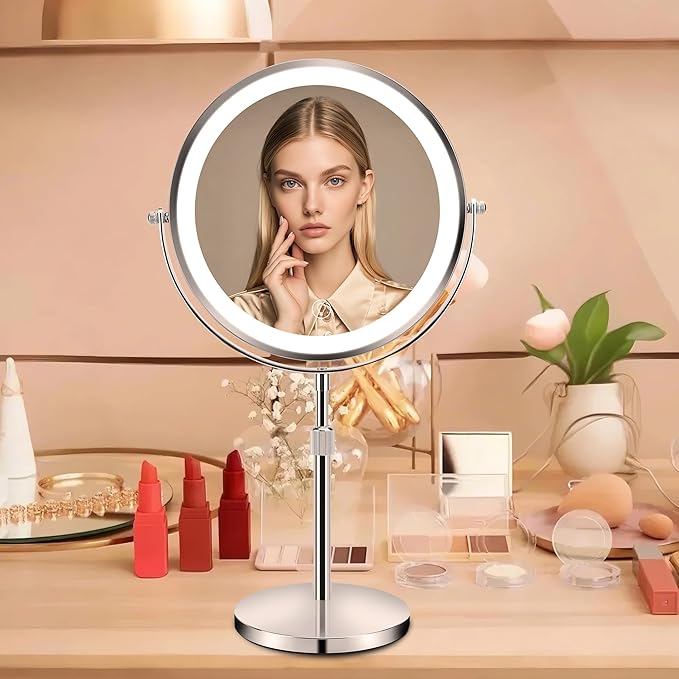 8.7" Large Lighted Makeup Mirror, 1X/10X Magnifying Mirror with 3 Color Dimmable Lights, Double Sided Vanity Mirror, Height Adjustable, 360° Swivel Cosmetic Mirror for Women Girl(Silver)