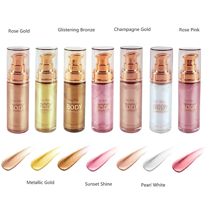 MAEPEOR Body Luminizer 6 Colors Waterproof Smooth Shimmer Face Glow Illuminator Non-sticky Liquid Highlight (30 ML, 05 Champagne Gold)