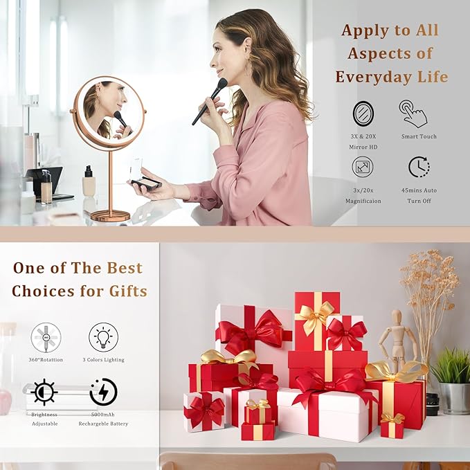 9in Vanity Mirror with Lights, Rechargeable&Dimming Lighted Makeup Mirror, 3X/20X Double Sided Magnifying Mirror,5000mAh,360 Rotate,3 Color Lights,Brightness with 80 LED,No Height Adjustment,RoseGold