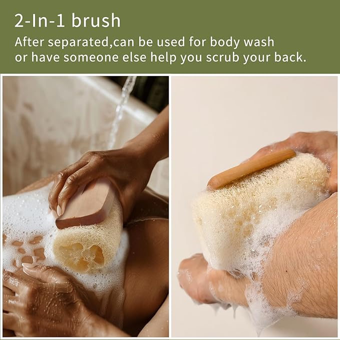 Natural Loofah Brush,Replaceable Hard Loofah Head with Wooden Handle,Back Scrubber for Men Daily Deep Cleaning Luffa On a Stick(2Pack)