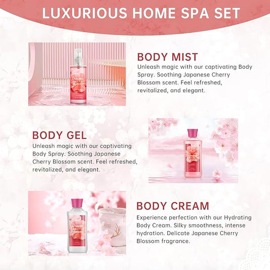 Bath Gift for Women and Girls, Japanese Cherry Blossom Spa Set With Natural Extracts, 3PCS Set - Shower Gel, Lotion, Mist, Personal Self Care Kit, Body Care Travel Set