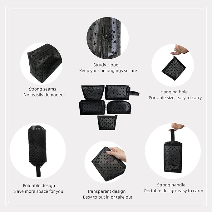 5 Pieces Zipper Mesh Cosmetic Bags Set, Mesh Heart Makeup Bags Toiletry Bags, Portable Travel Makeup Bags for Women, Small Items Storage Organizer Bags for Travelling (Black)