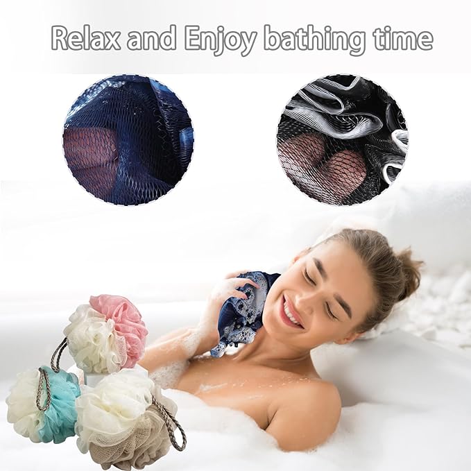 Loofah Sponge, Qewro Loofa Exfoliating Back Bath Sponge Shower Scrubber for Body, Luffa for Men Kids Women, Shower Puff Bath Pouf for use in Shower, Lufa or Loufas Flowers (5pack Blue and White)