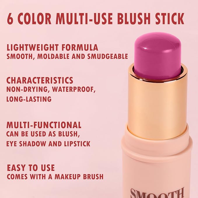 Multi-use Blush Stick, Monochromatic Face Beauty Wand for Cheek, Eyeshadow and Lip, Longwear Waterproof Matte Finish Cream Blush Makeup Stick with Brush for Women, 0.28oz (Shy Pink #01)